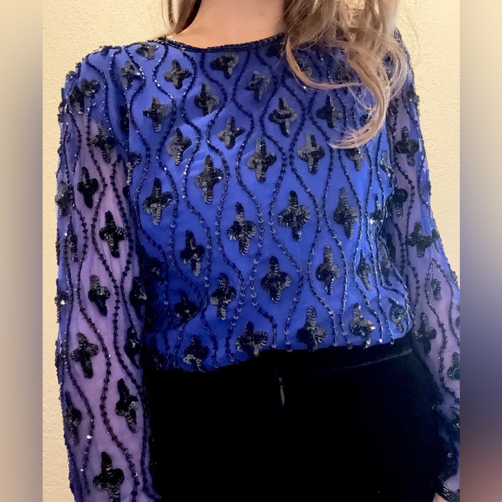 Elegant Blue and Black Embellished Women's Top